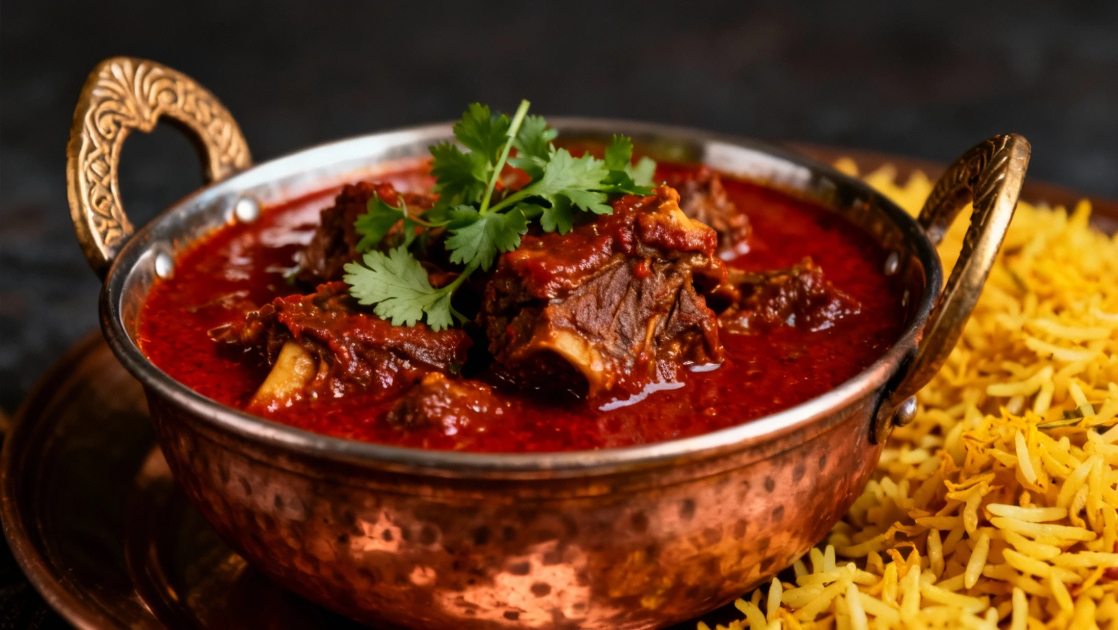 Plat de Rogan Josh, curry d'agneau aux épices rouges du Kashmir servi dans un bol en cuivre