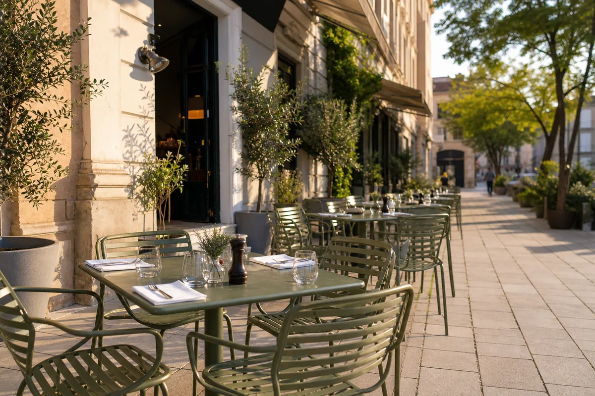 Terrasse de restaurant équipée de chaises en aluminium alignées le long d'une façade