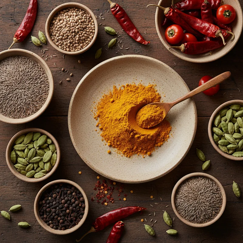 Épices indiennes colorées disposées dans des bols en terre cuite sur un marché traditionnel