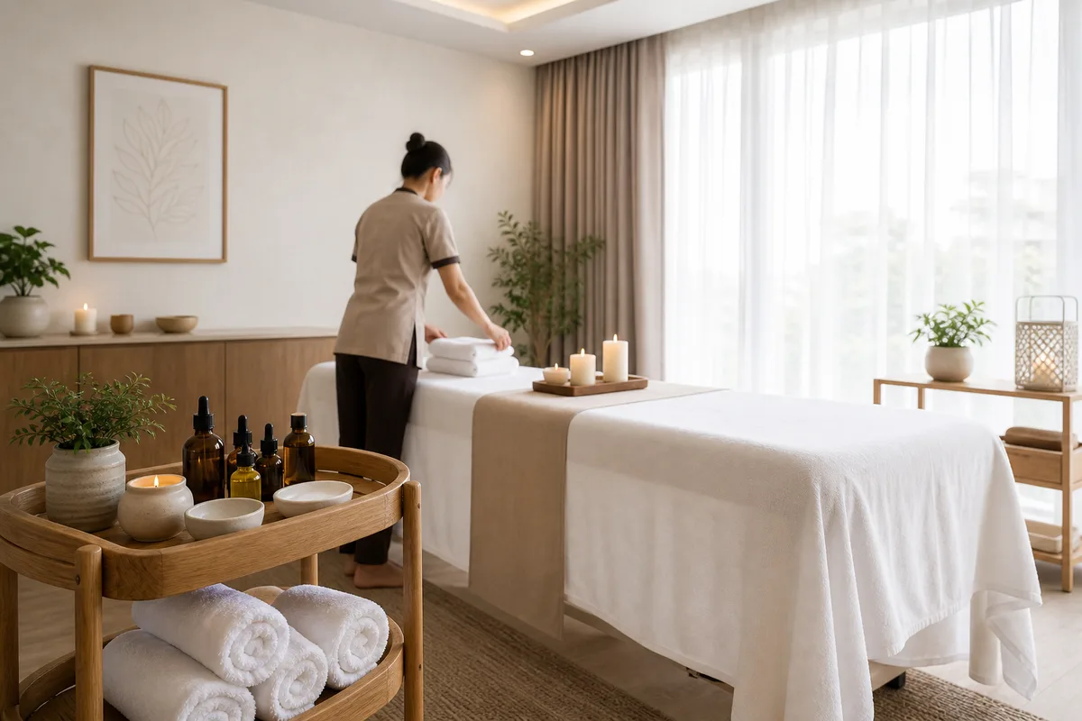 Praticienne de spa préparant une cabine de soins bien-être dans un institut moderne