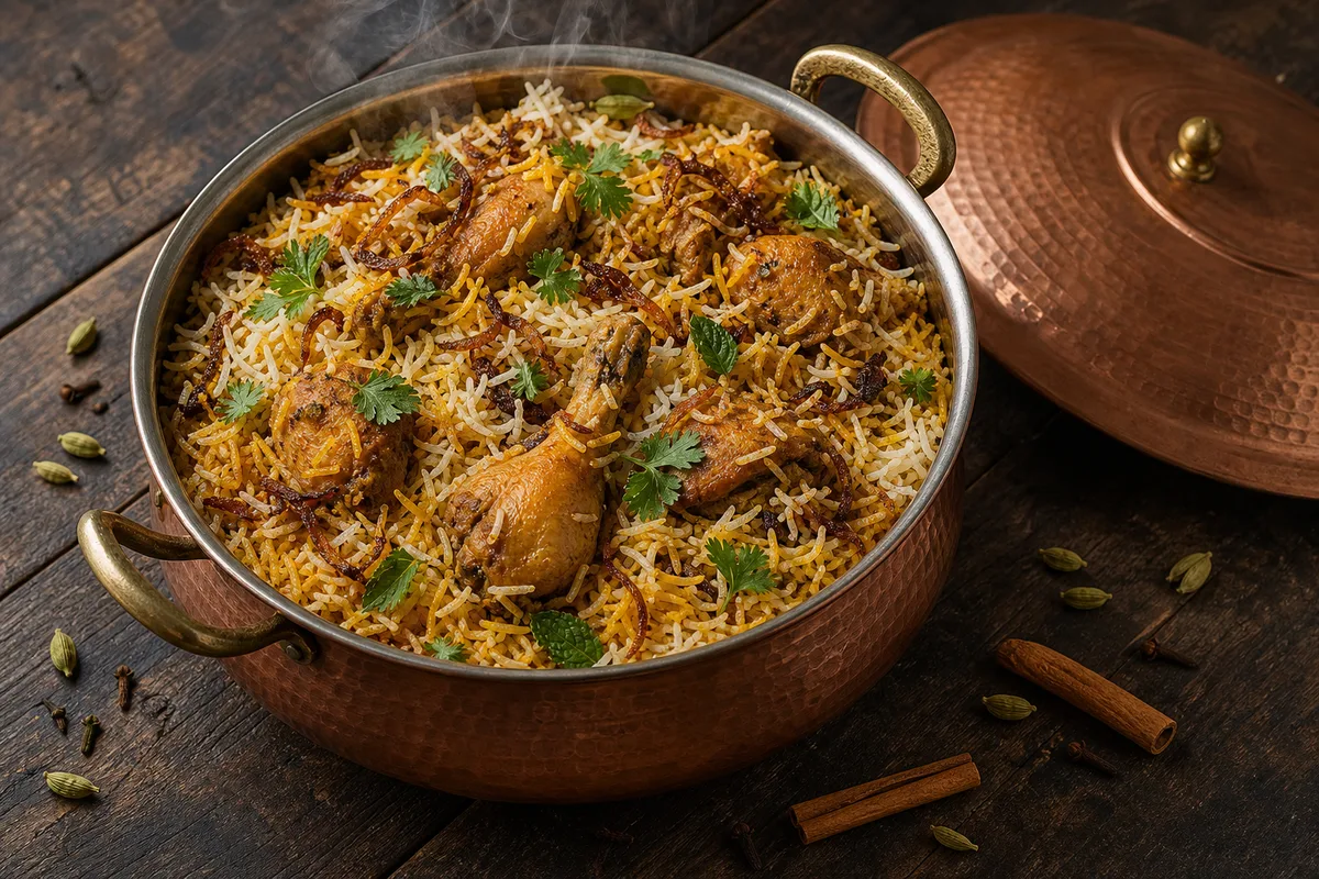 Marmite en cuivre ouverte laissant apparaître un biryani en couches, riz safrané et oignons frits