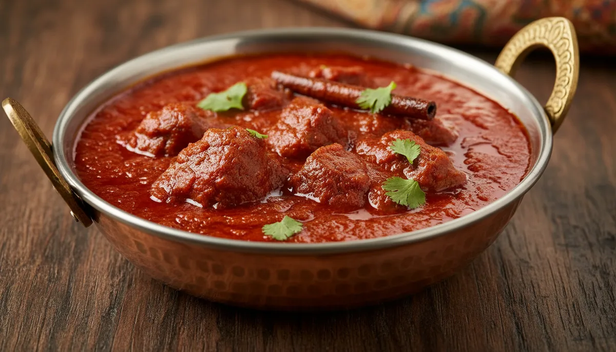 Plat de rogan josh, curry d'agneau rouge aux épices du Kashmir servi avec du riz basmati