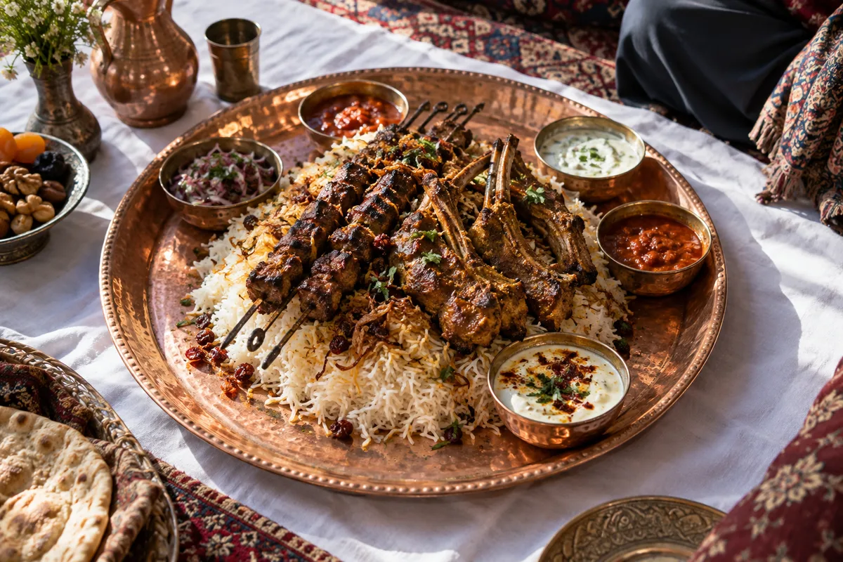 Grand plateau de cuivre partagé garni de riz et de plats en sauce sur une nappe blanche